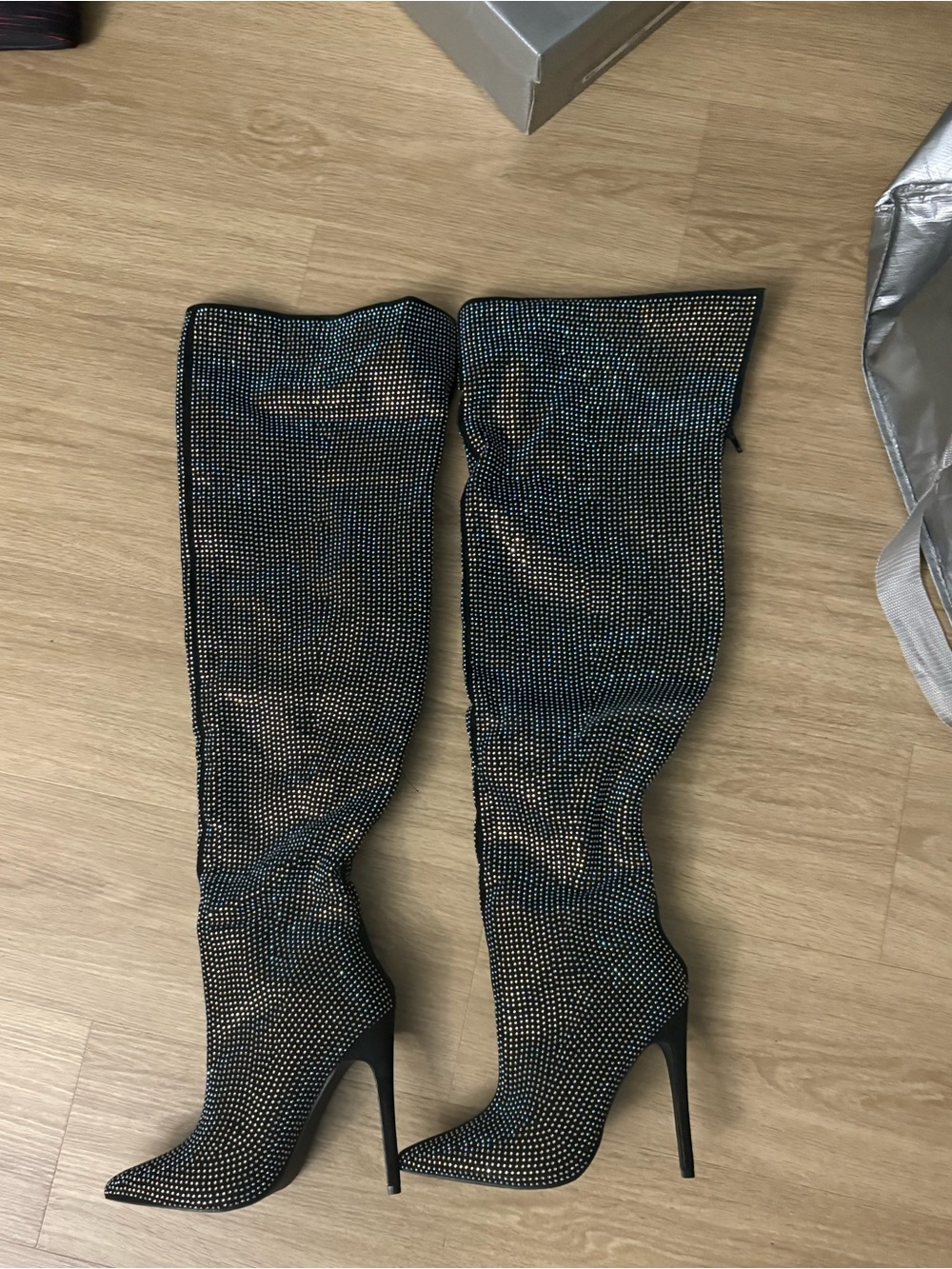 Black Rhinestone Over-the-Knee Stiletto Boots Pointed Toe